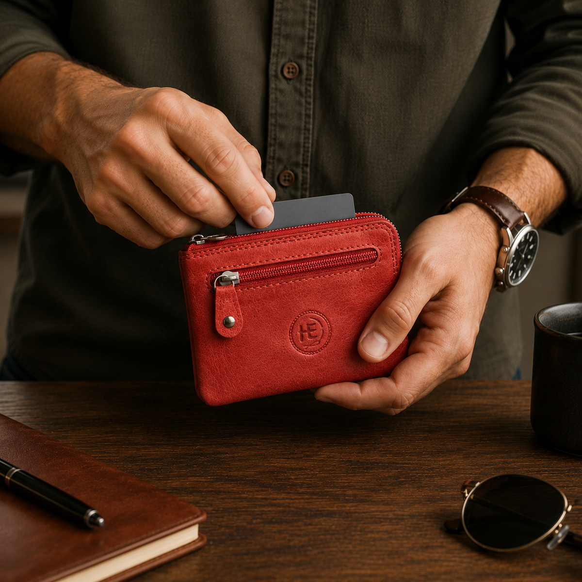 Red leather wallet lifestyle image