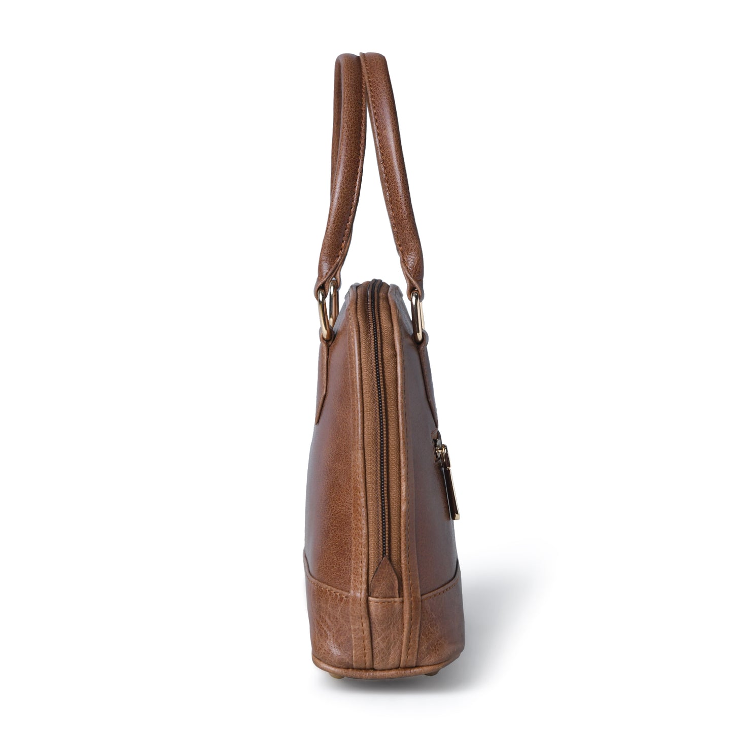Tan Brown leather bag - side view showing zipper and handles, handcrafted buffalo leather | Hema Emporium