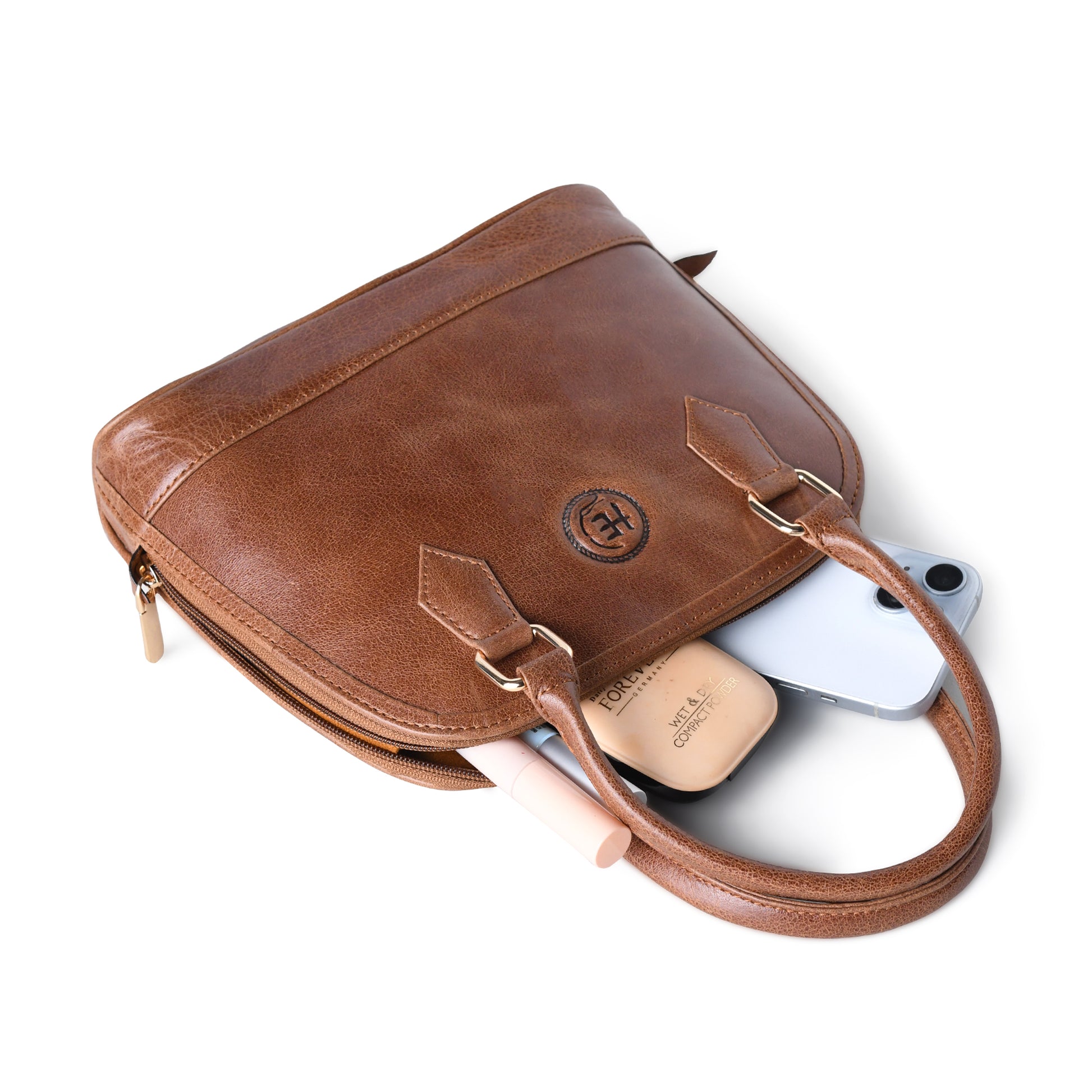 Tan Brown leather bag - top view showing interior capacity, handcrafted buffalo leather | Hema Emporium