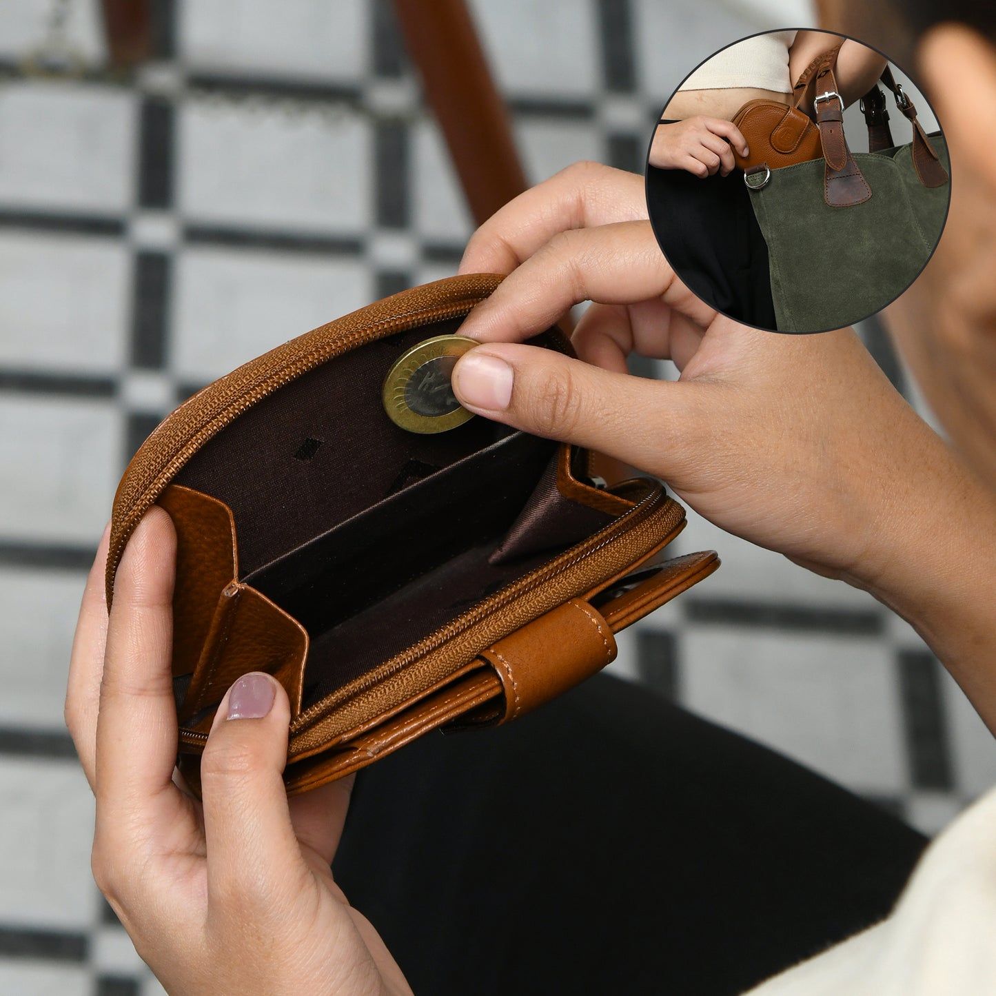 Leather Zip Card Wallet - Brown