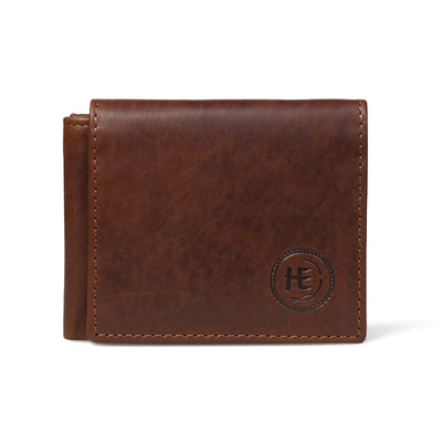 Tan Brown leather wallet - front view with logo, handcrafted buffalo leather | Hema Emporium