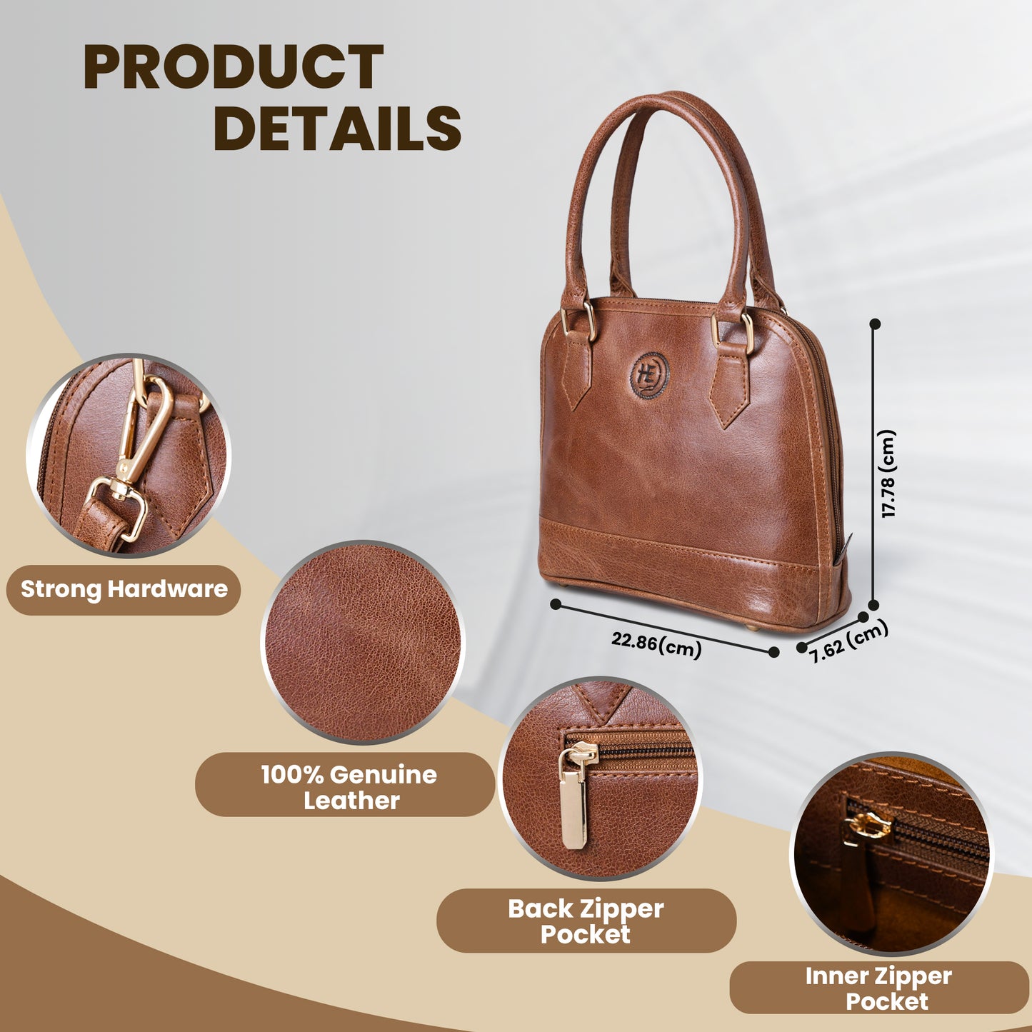 Tan Brown Leather Bag - product dimensions and feature callouts, handcrafted buffalo leather | Hema Emporium