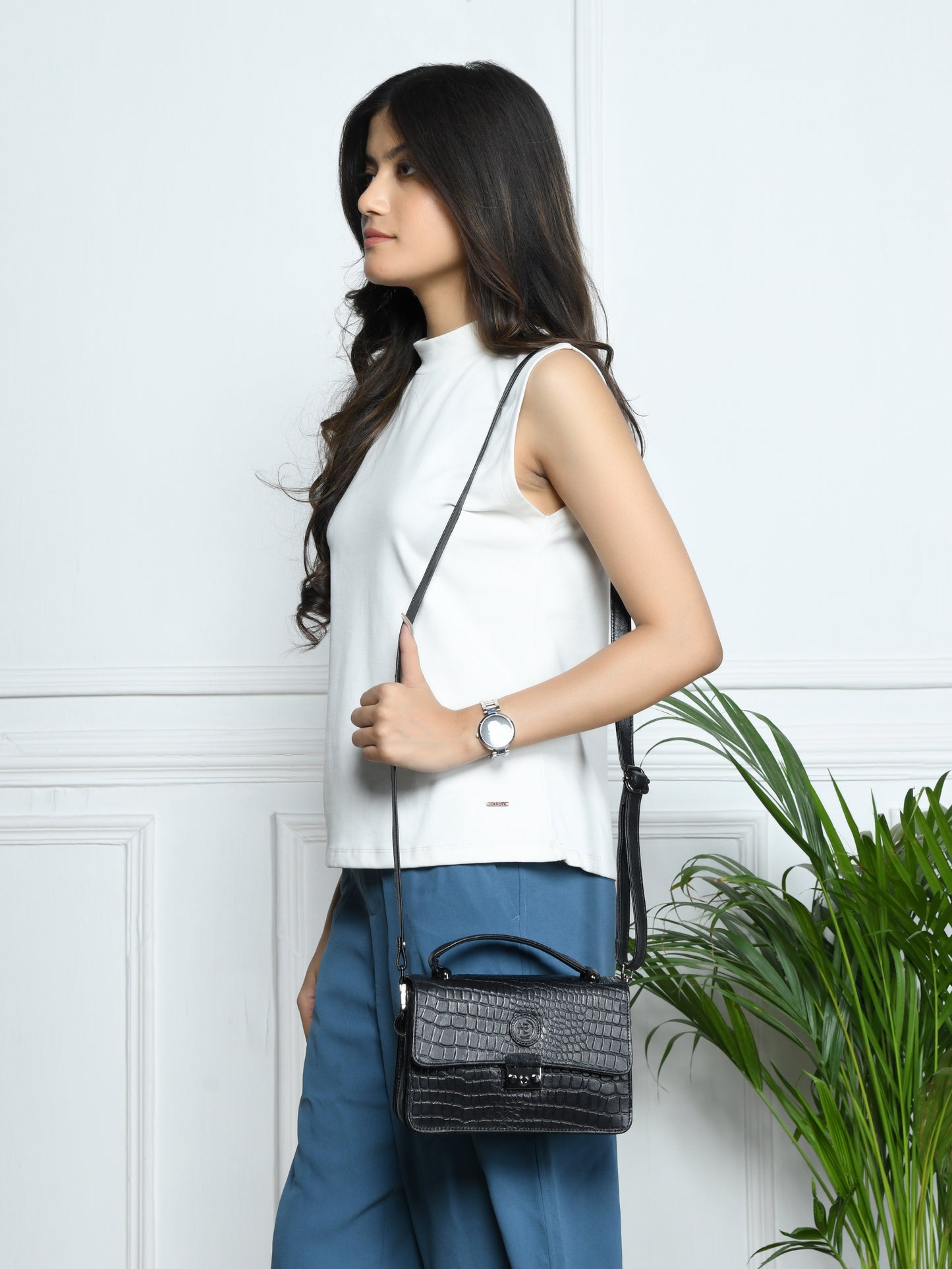 Classic Croco Leather Mini Satchel - Black