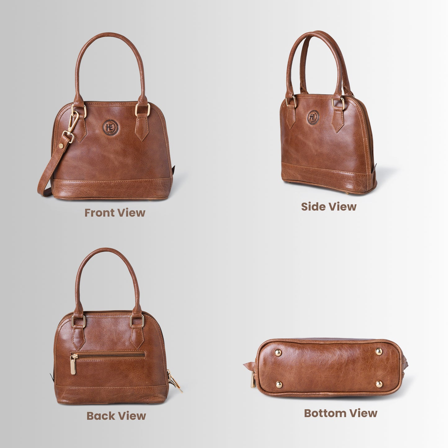 Tan Brown Leather Bag - front, side, back, and bottom views, handcrafted buffalo leather | Hema Emporium