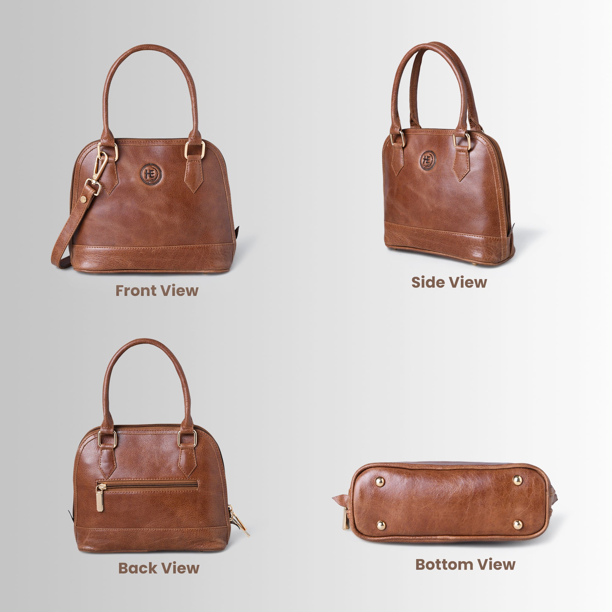 Tan Brown Leather Bag - front, side, back, and bottom views, handcrafted buffalo leather | Hema Emporium