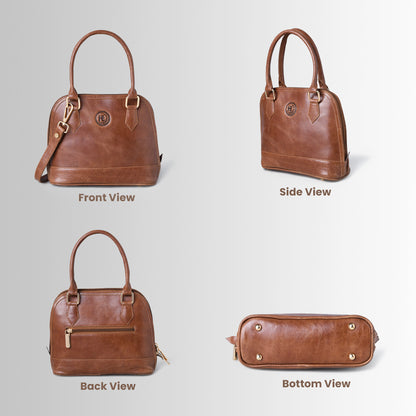 Tan Brown Leather Bag - front, side, back, and bottom views, handcrafted buffalo leather | Hema Emporium
