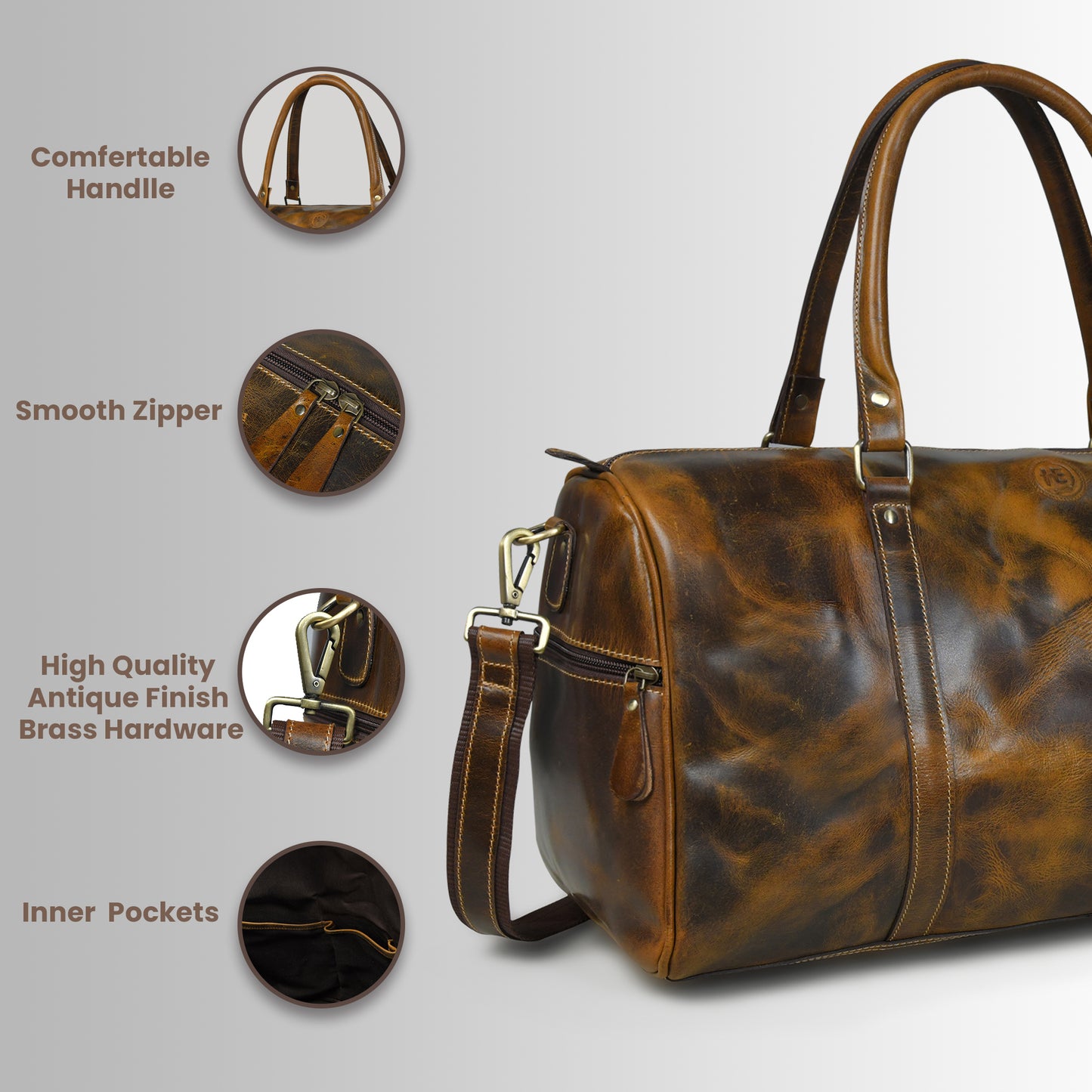 Vintage Leather Duffle Bag -  Brown
