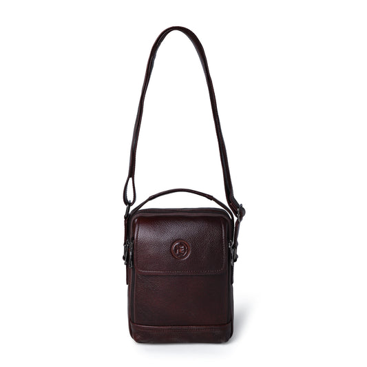 Dark brown leather bag - front view with shoulder strap, handcrafted buffalo leather | Hema Emporium