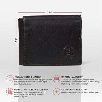 Folio Men's RFID Leather Bifold Wallet with Interior ID Window and Flip Panel