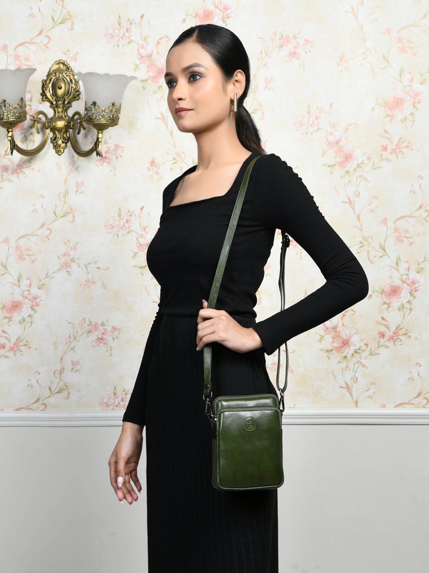 Classic Leather Mobile Sling Bag - Olive Green