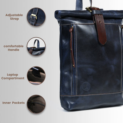 Nomad Roll Top Leather Backpack - Blue