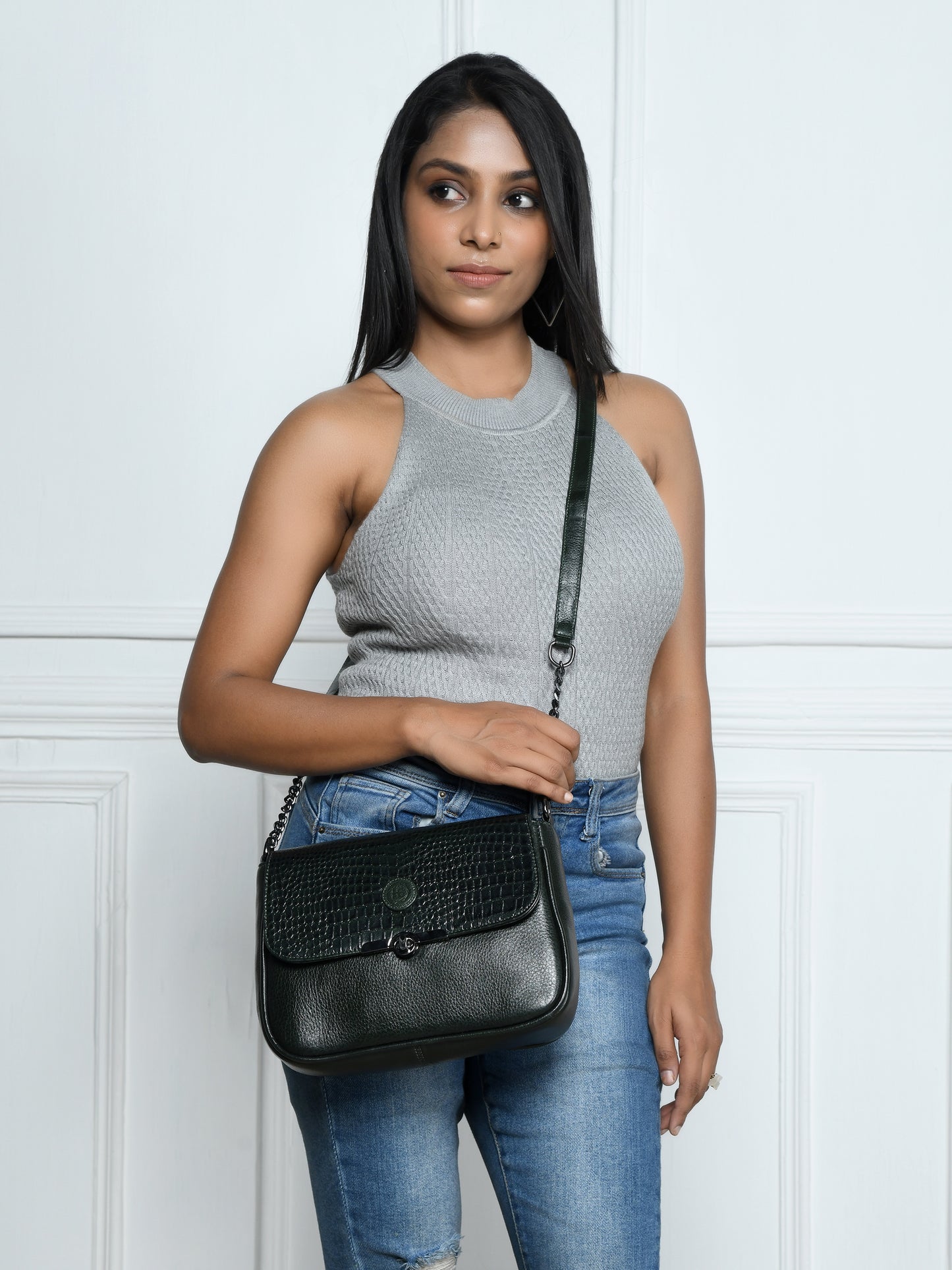Croc Flap Sling Bag - Forest Green
