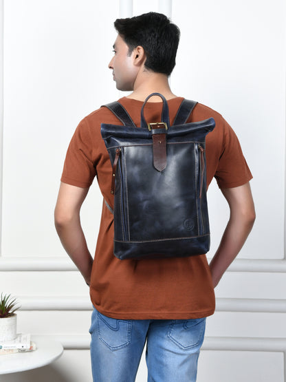 Nomad Roll Top Leather Backpack - Blue