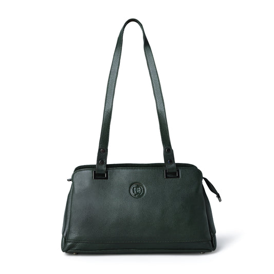 Forest green leather bag - front view, handcrafted buffalo leather | Hema Emporium