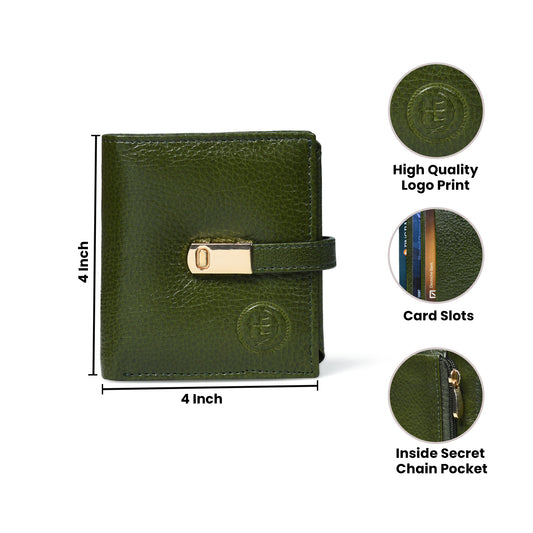 Olive green leather wallet - dimensions and feature callouts, handcrafted buffalo leather | Hema Emporium
