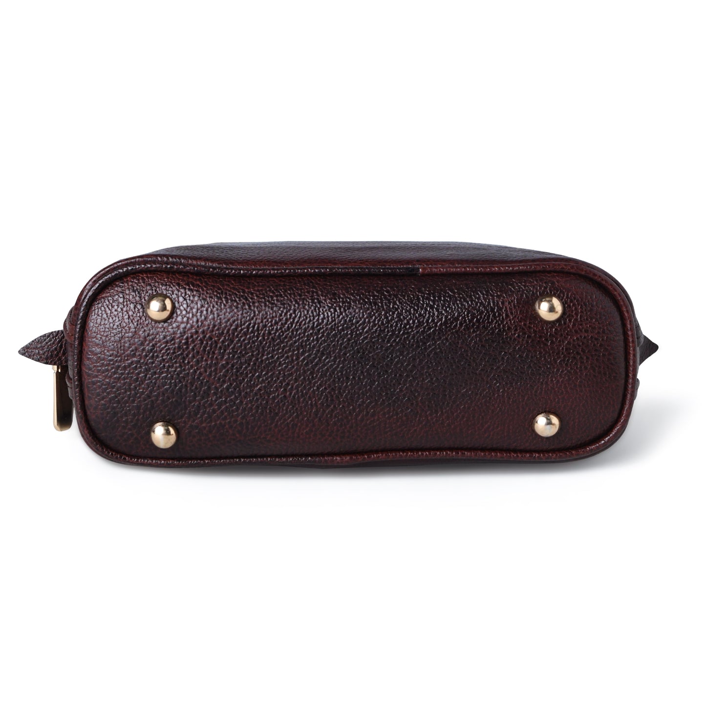 Maroon Red leather bag - base view with protective metal feet, handcrafted buffalo leather | Hema Emporium