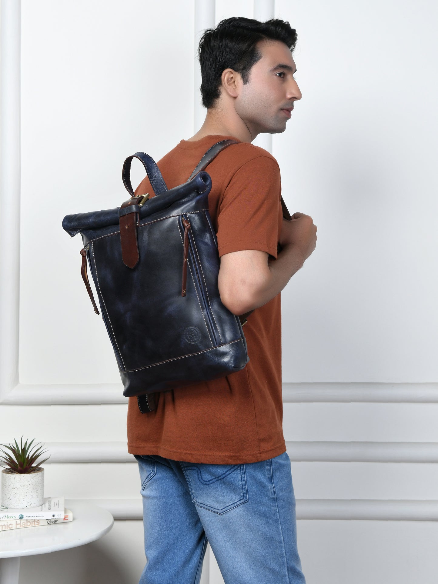 Nomad Roll Top Leather Backpack - Blue