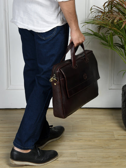 Flap Pocket Leather Office Bag - Dark Brown