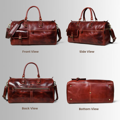 Classic Leather Travel Duffle – Top-Zip Design - Maroon Red