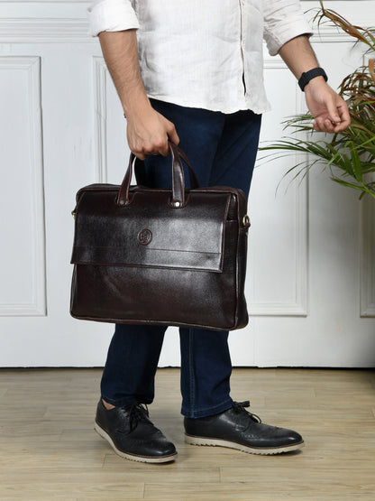 Flap Pocket Leather Office Bag - Dark Brown