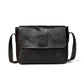 Black Leather Bag - front view with flap closure and crossbody strap, handcrafted buffalo leather | Hema Emporium