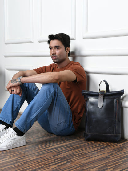 Nomad Roll Top Leather Backpack - Blue