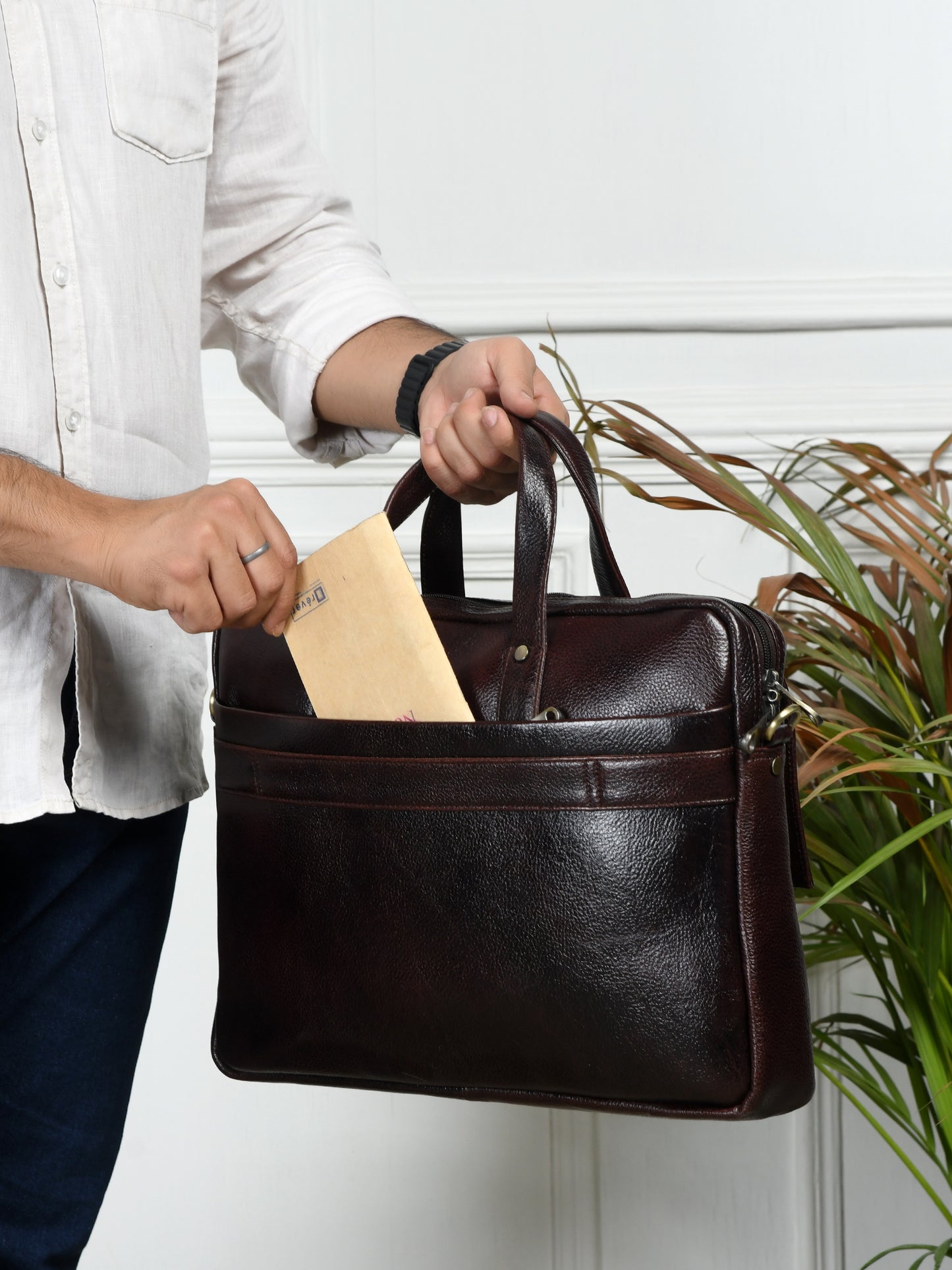 Flap Pocket Leather Office Bag - Dark Brown