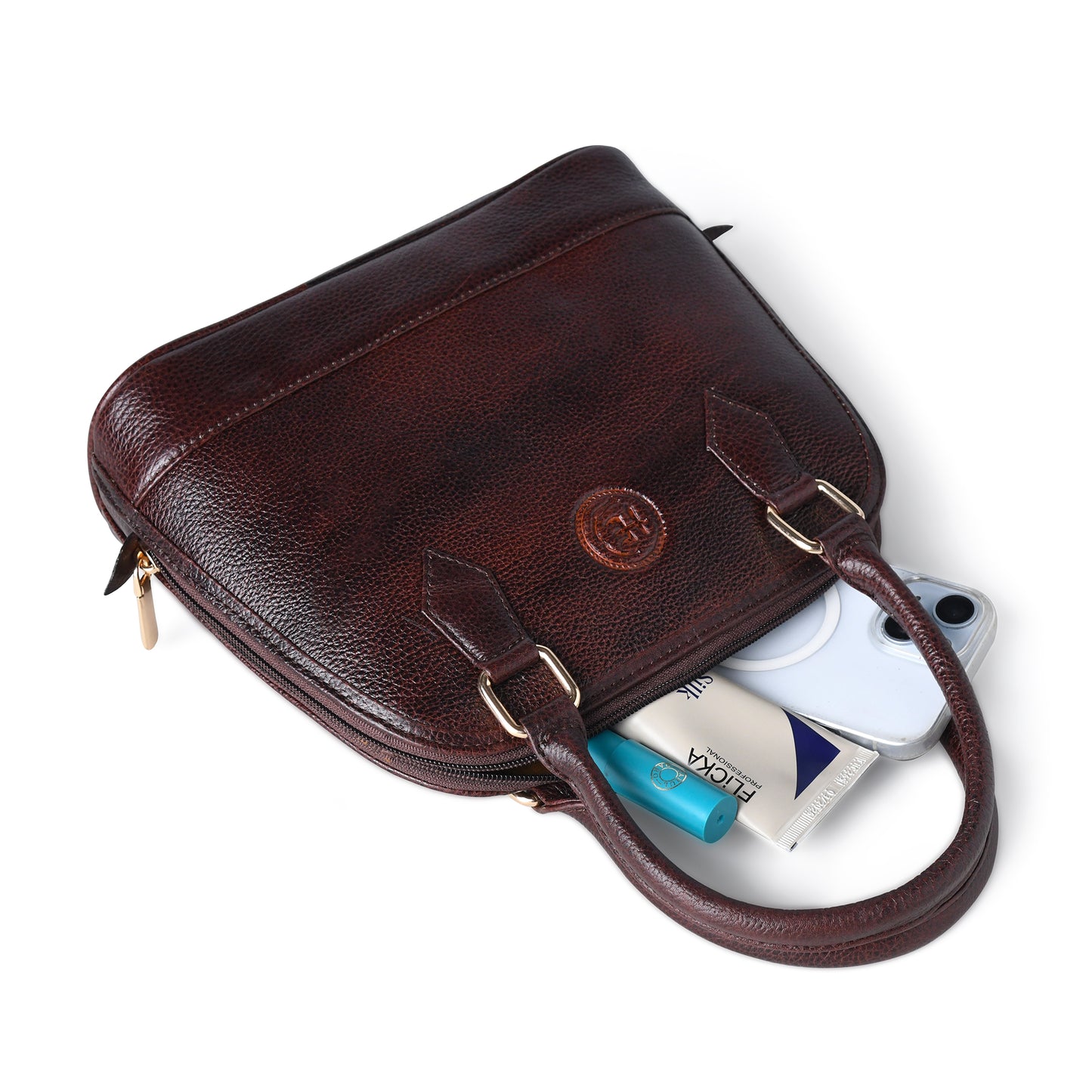 Maroon Red leather bag - interior view with phone and cosmetics, handcrafted buffalo leather | Hema Emporium