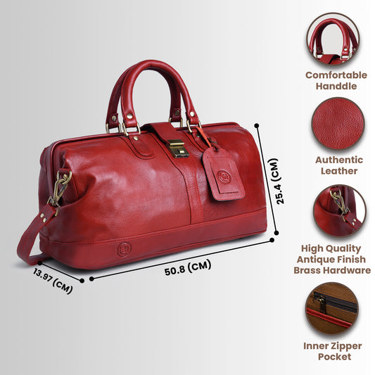 Red leather bag - front view with dimensions and feature callouts, handcrafted buffalo leather | Hema Emporium
