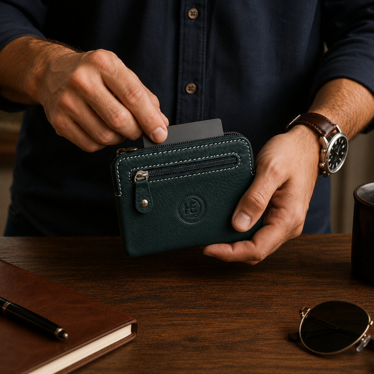 Forest green leather wallet lifestyle image
