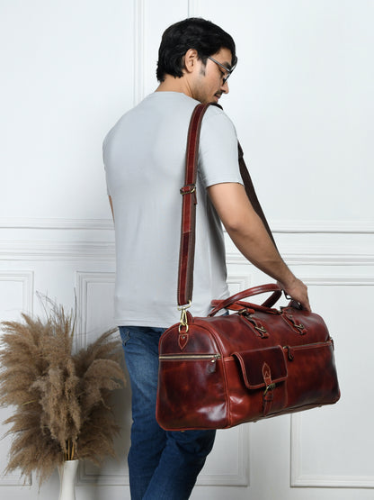 Classic Leather Travel Duffle – Top-Zip Design - Maroon Red