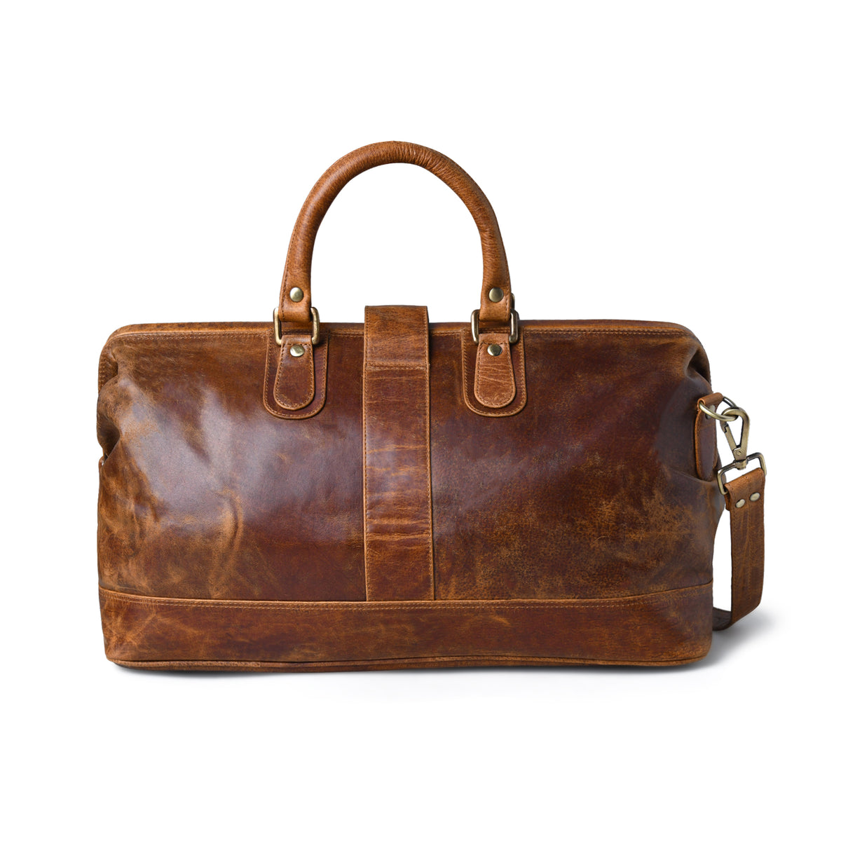 tan brown  leather duffel bag with double top handles, a central strap closure, and a detachable shoulder strap, shown on a plain white background.