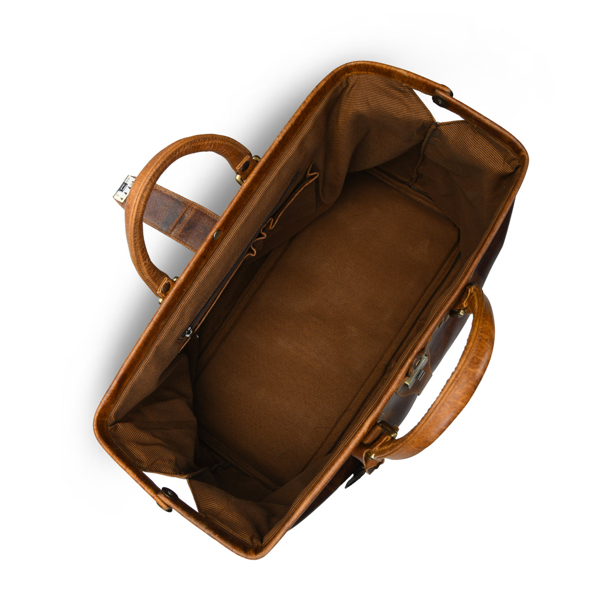 tan brown leather briefcase or satchel, showing the interior lining, handles, and zipper closure against a plain white background.