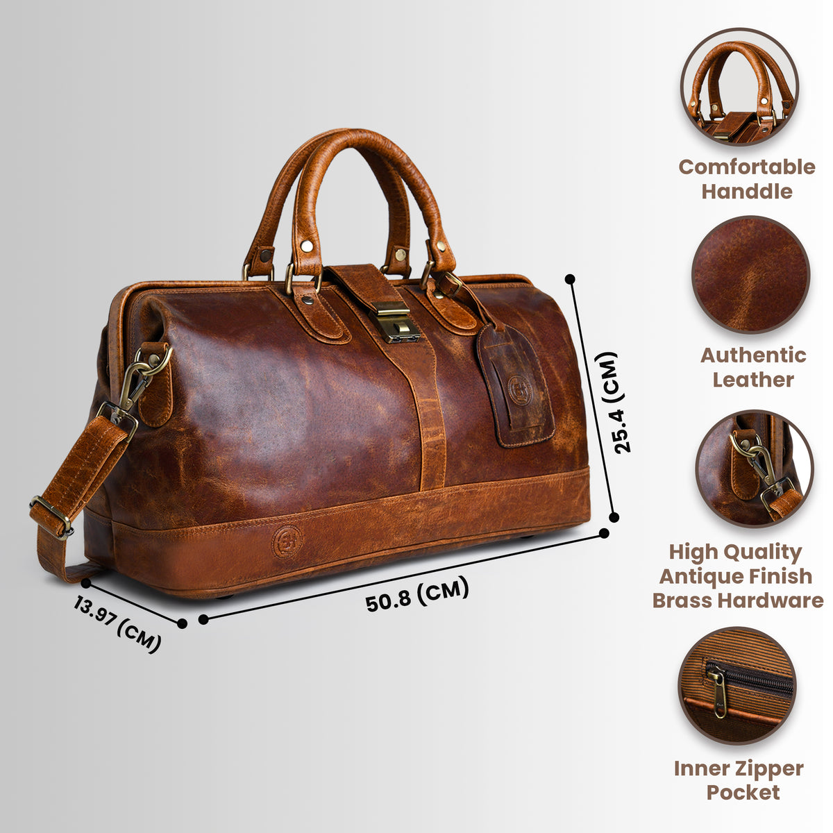 tan brown leather bag with measurements and feature highlights on a light gray background
