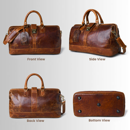 tan brown leather duffel bag shown from front, side, back, and bottom views on a light gray background.