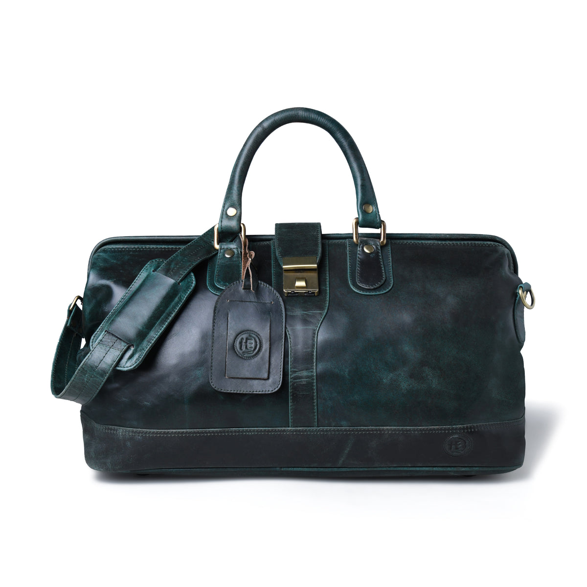 forest green distressed leather duffel bag with gold-tone hardware, featuring dual top handles, a detachable shoulder strap, a front luggage tag, and a bottom zipper closure, shown against a plain white background.