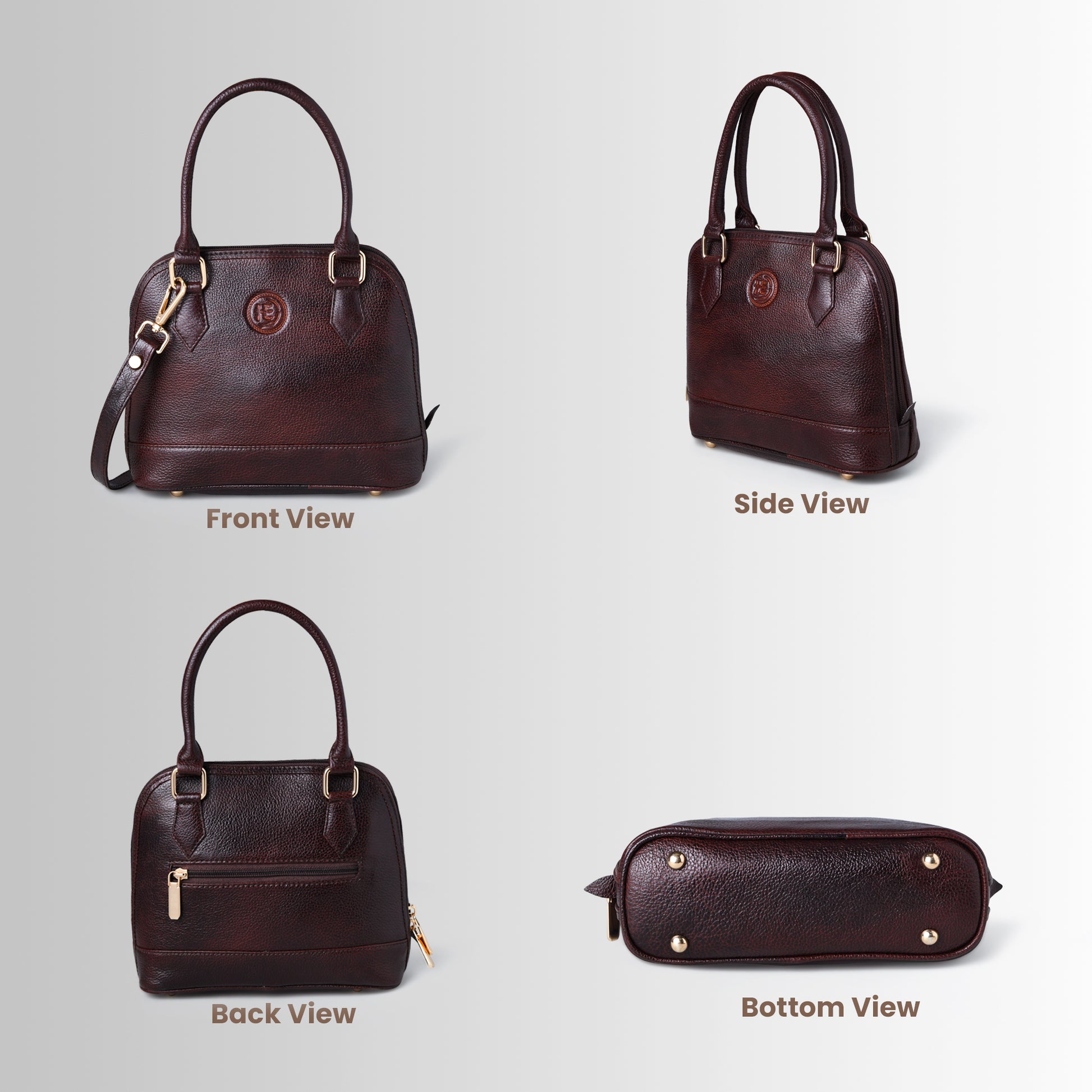 Maroon Red leather bag - front, side, back, and bottom views, handcrafted buffalo leather | Hema Emporium