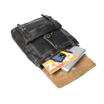 Draw String Leather Backpack - Black
