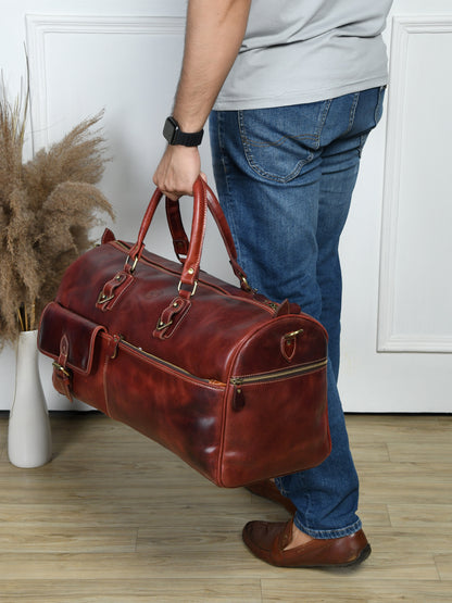 Classic Leather Travel Duffle – Top-Zip Design - Maroon Red