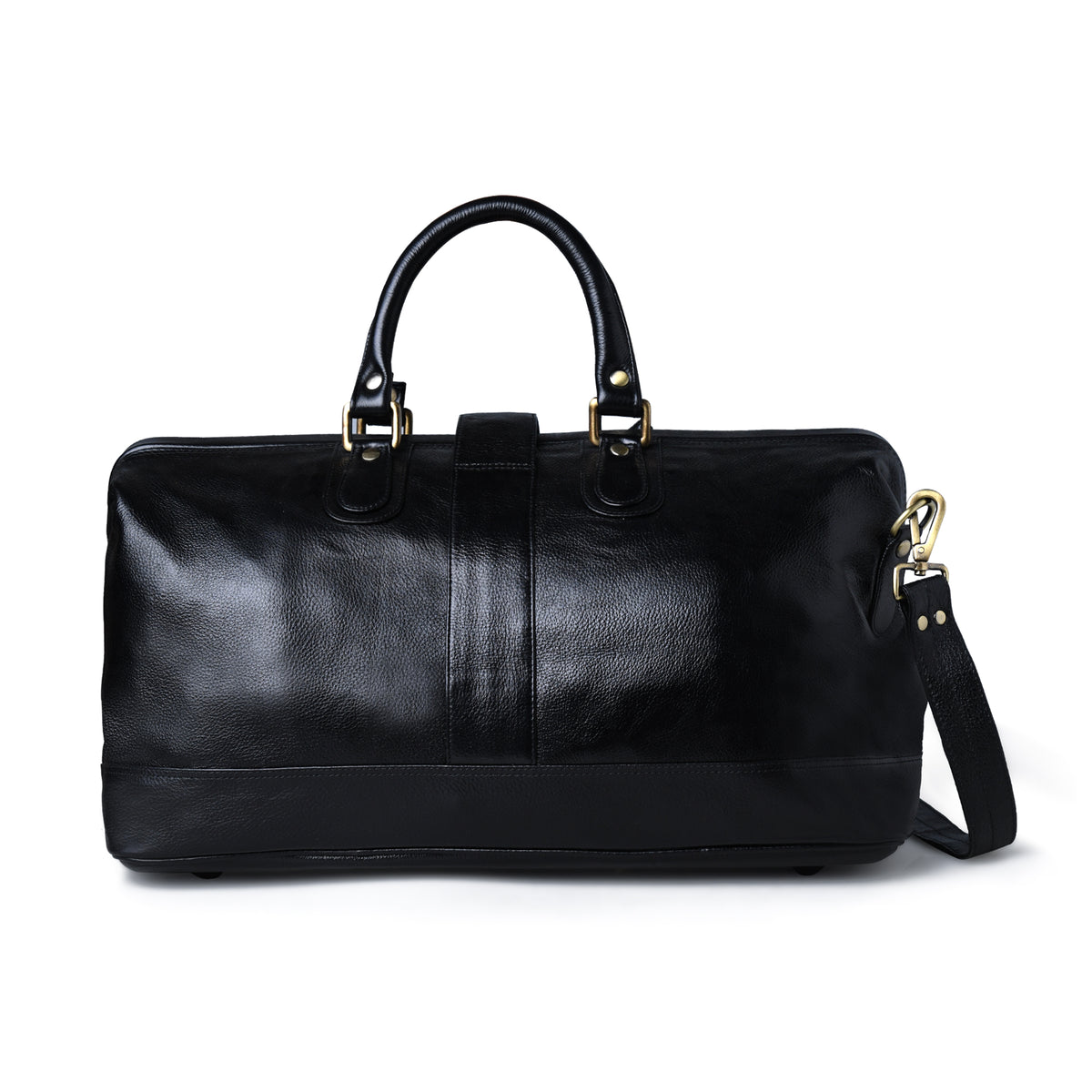 A black leather duffel bag with dual top handles and a detachable shoulder strap, shown against a plain white background.