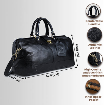 Black leather bag with measurements and feature highlights on a light gray background