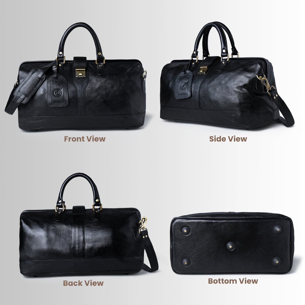 Black leather handbag shown from front, side, back, and bottom views on a light gray background.