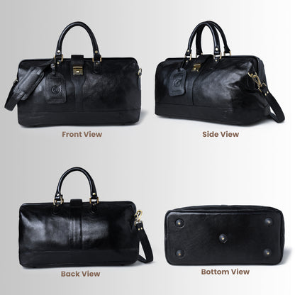 Black leather handbag shown from front, side, back, and bottom views on a light gray background.