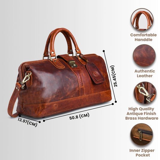 Dark brown leather duffel bag shown on a light gray background with overlaid dimensions and callout circles labeled for handle comfort, authentic leather, brass hardware, and an inner zipper pocket.