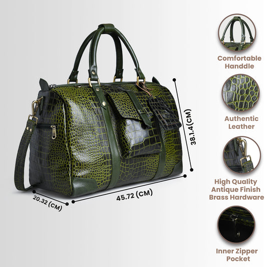 Green leather bag - front view with dimensions and feature callouts, handcrafted buffalo leather | Hema Emporium
