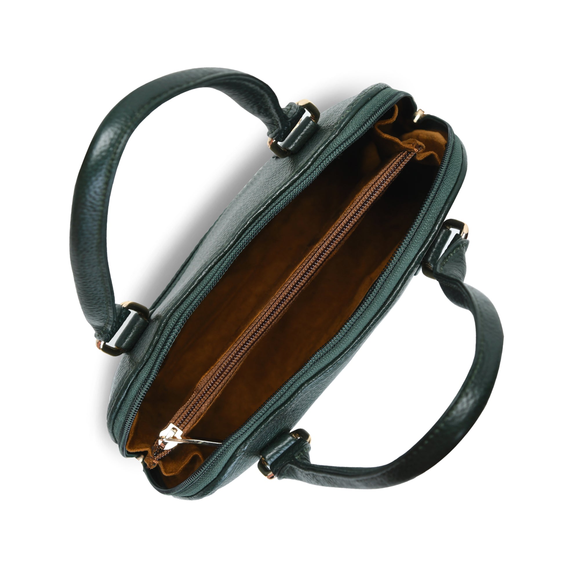 Forest Green leather bag - top view of interior compartments, handcrafted buffalo leather | Hema Emporium