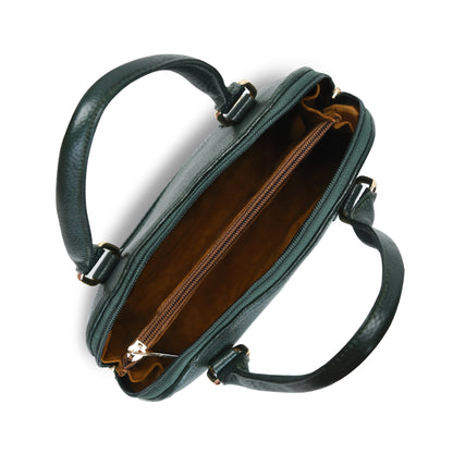 Forest Green leather bag - top view of interior compartments, handcrafted buffalo leather | Hema Emporium