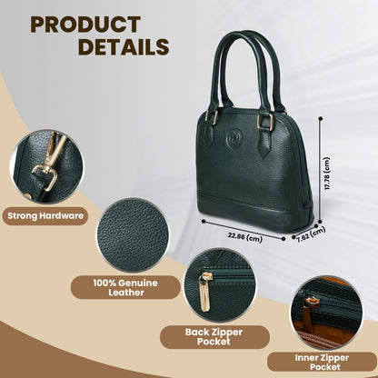 Forest Green leather bag - product dimensions and feature close-ups, handcrafted buffalo leather | Hema Emporium