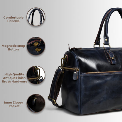 Classic Leather Travel Duffle – Top-Zip Design - Navy