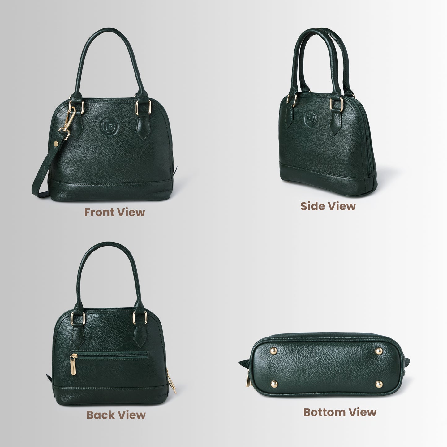 Forest Green leather bag - front, side, back, and bottom views, handcrafted buffalo leather | Hema Emporium